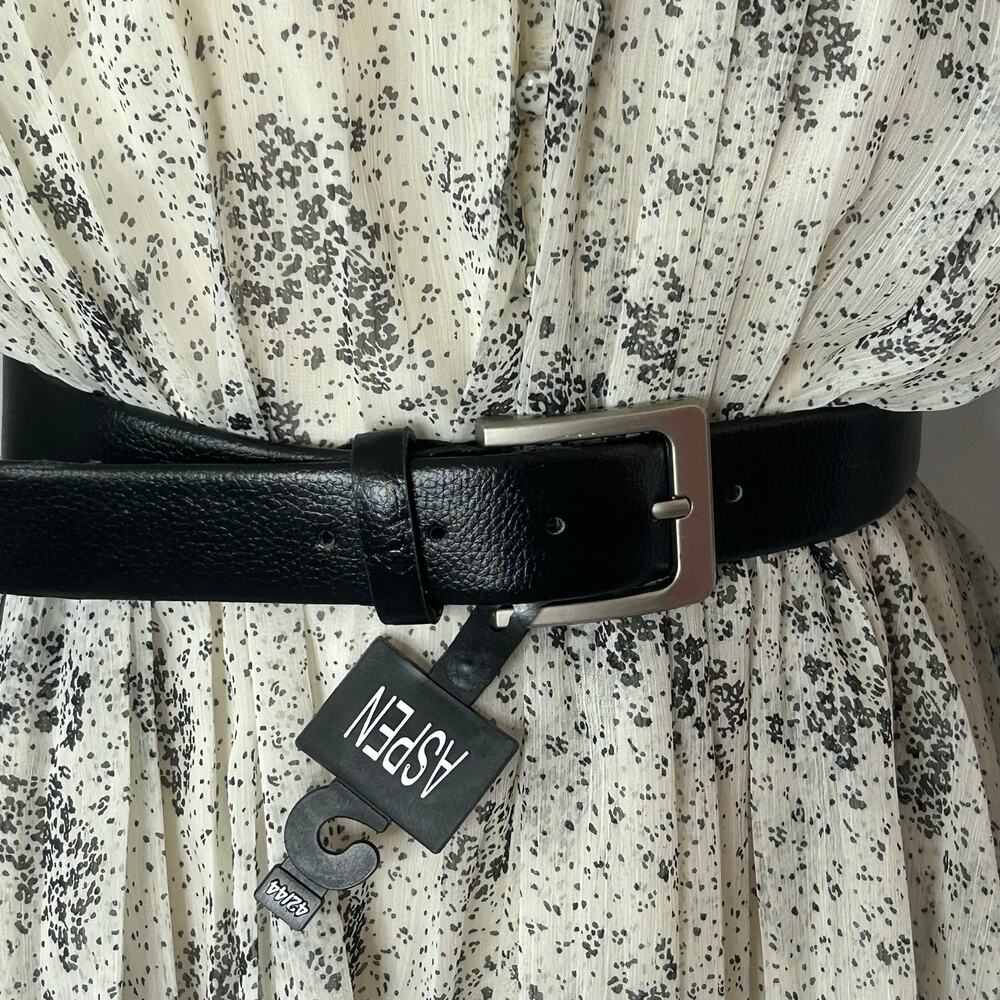 Aspen Black Faux Leather Belt Silver Buckle Classic Minimalist NWT